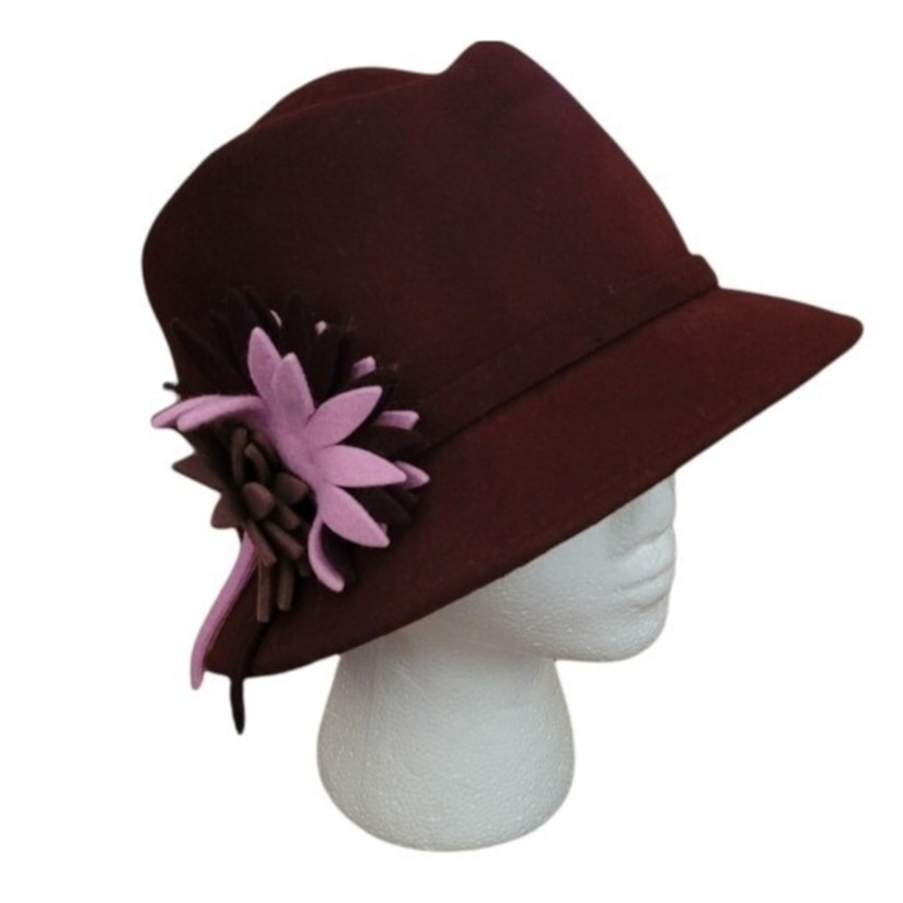 Lorenzo Burgundy 100% Wool Cloche Hat Made in Italy Floral Accent Vintage - Picture 2 of 6